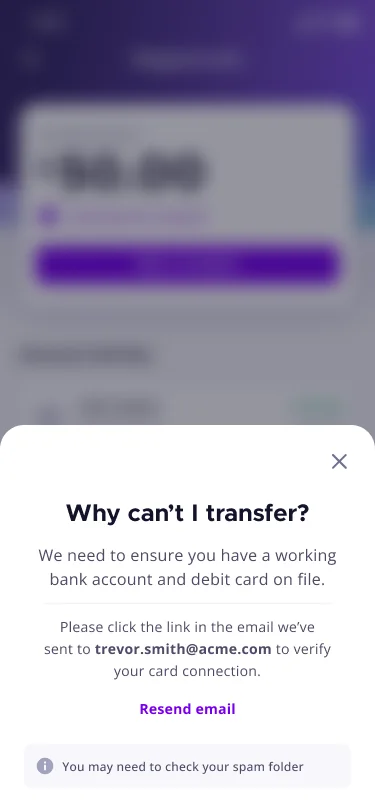 Why can’t I transfer? modal asking to add a debit card