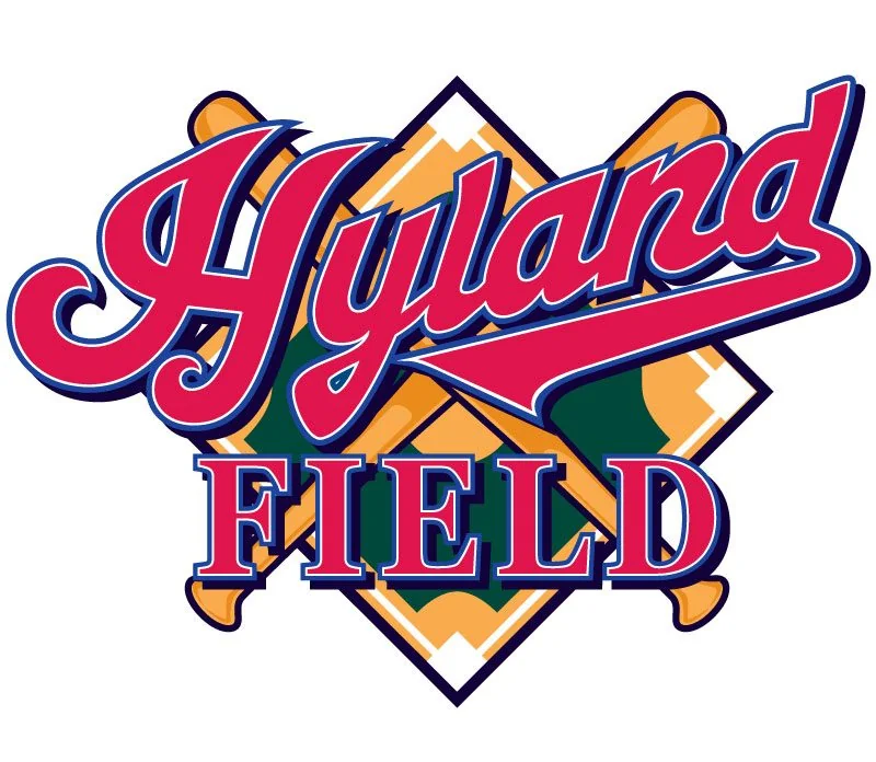 Retro script logo on a baseball diamond