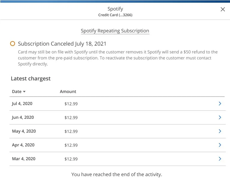 Version 2: a cancellation banner above the list of latest charges