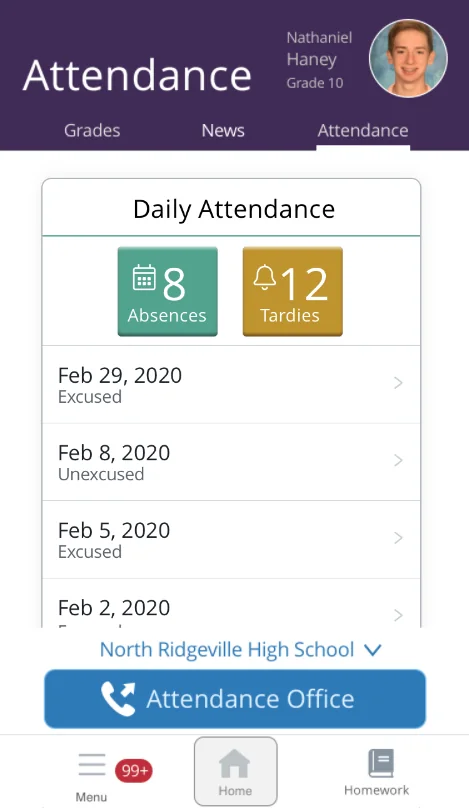 Second pass: absences and tardies as two compact count buttons above a monthly list