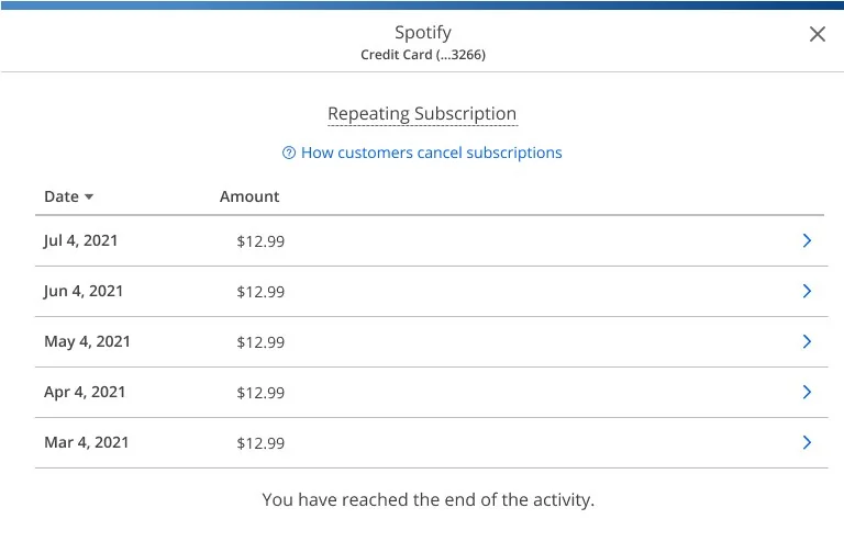 Version 1: a list of subscription charges with a link to how customers cancel
