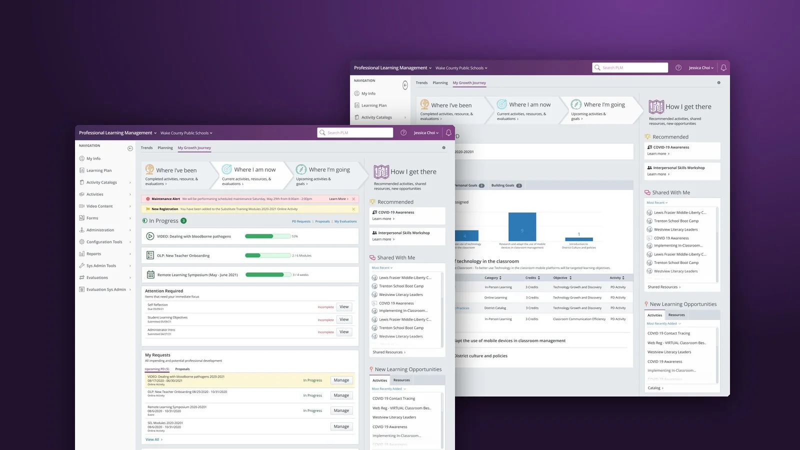 Two screens of My Growth Journey: in-progress activities and requests, and goals with a chart