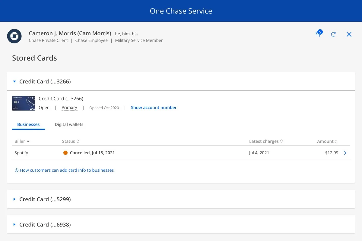 The Stored Cards page in One Chase Service, with a cancelled Spotify subscription listed under a credit card