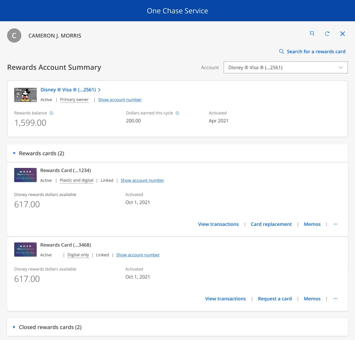 The Rewards Account Summary landing page in One Chase Service, showing a Disney Visa and two rewards cards