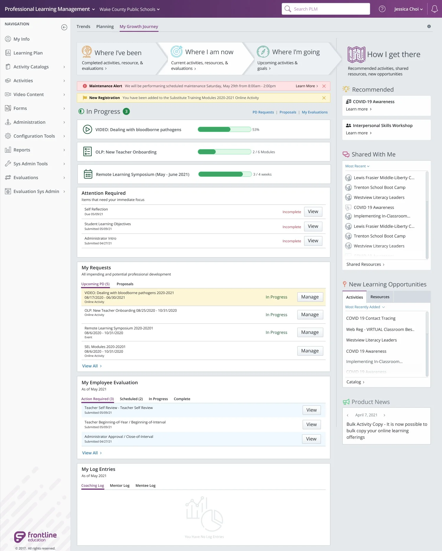 My Growth Journey, Where I am now: in-progress activities with progress bars, items needing attention, my requests, my employee evaluation and my log entries