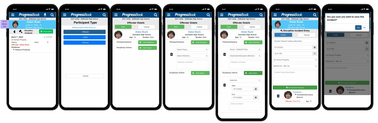 Legacy discipline flow: a student’s incident list, participant type, offender details with policies, infractions and disciplinary actions, the incident entry form and a save confirmation