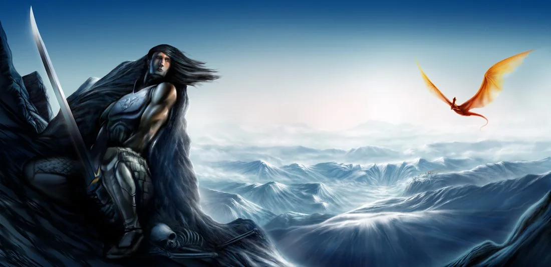 Warrior seated on a mountain ridge with a dragon in the distance
