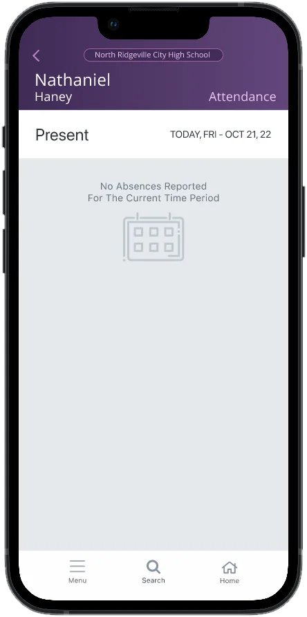 Attendance screen with a Present row for today and the message No Absences Reported For The Current Time Period