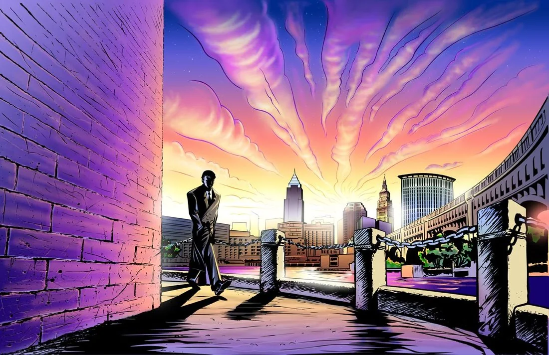 Man in a trench coat standing before a glowing city skyline at sunset
