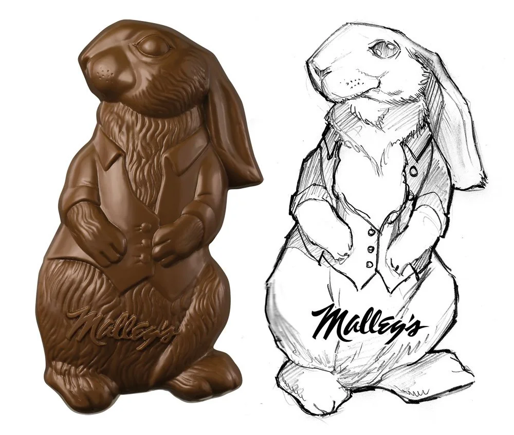 Chocolate bunny beside its pen sketch