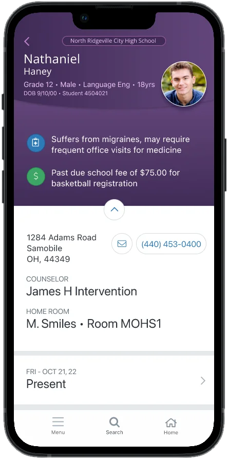 Student profile with the alerts expanded