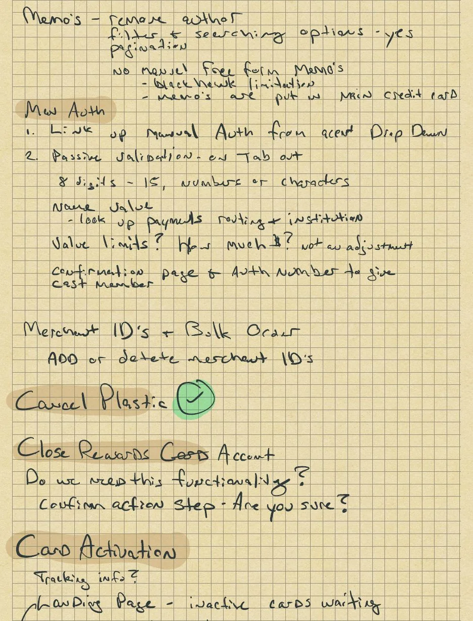 Handwritten working-session notes on memos, manual authorization, merchant IDs, cancel plastic and card activation