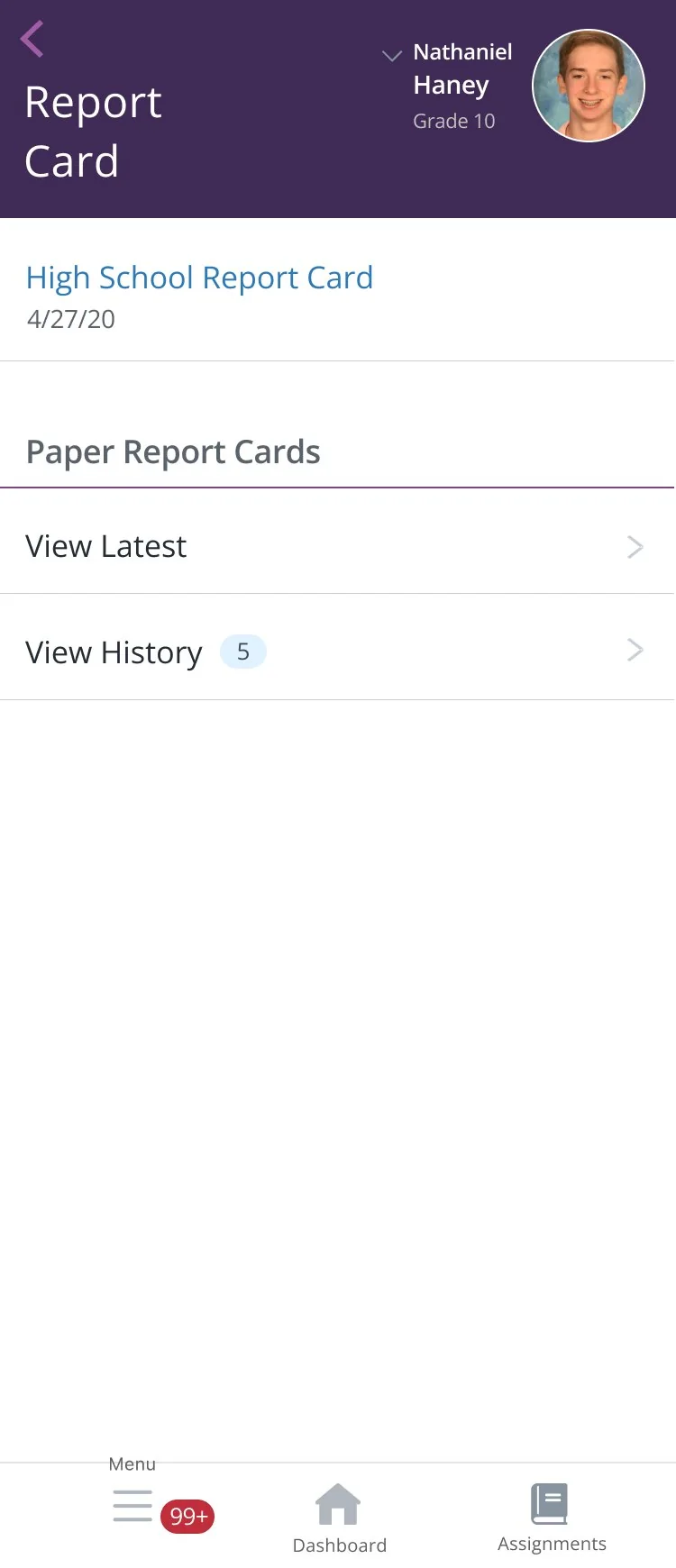 Report card screen with view latest and view history