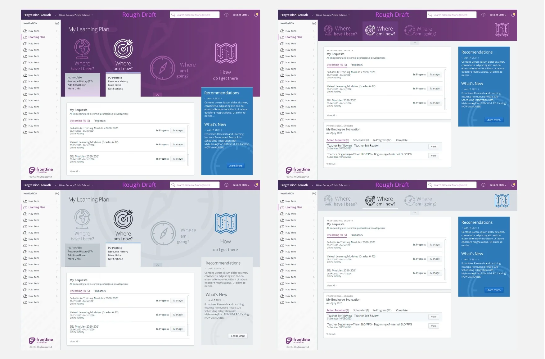Four rough drafts of My Learning Plan: a bold purple header and a quiet gray header, each with the four tiles open and collapsed into a strip, with a Recommendations panel in blue
