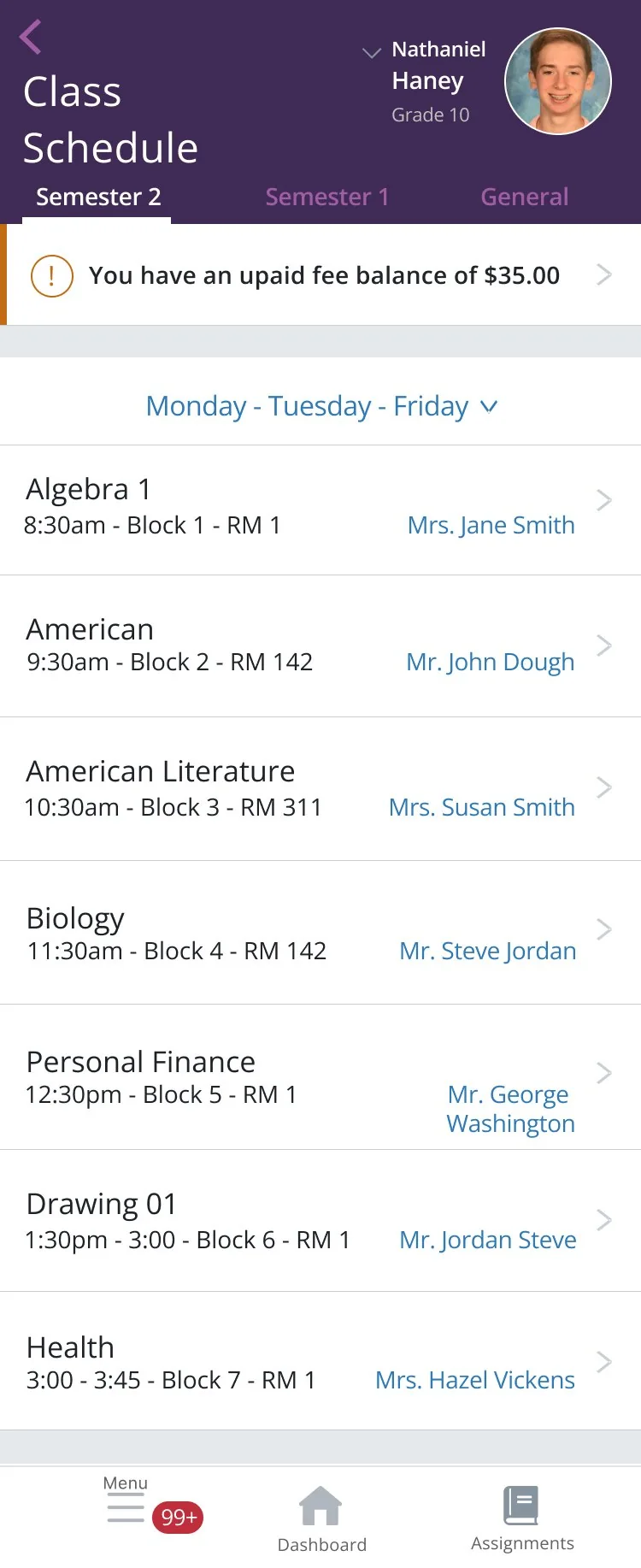 Class schedule by block with room and teacher