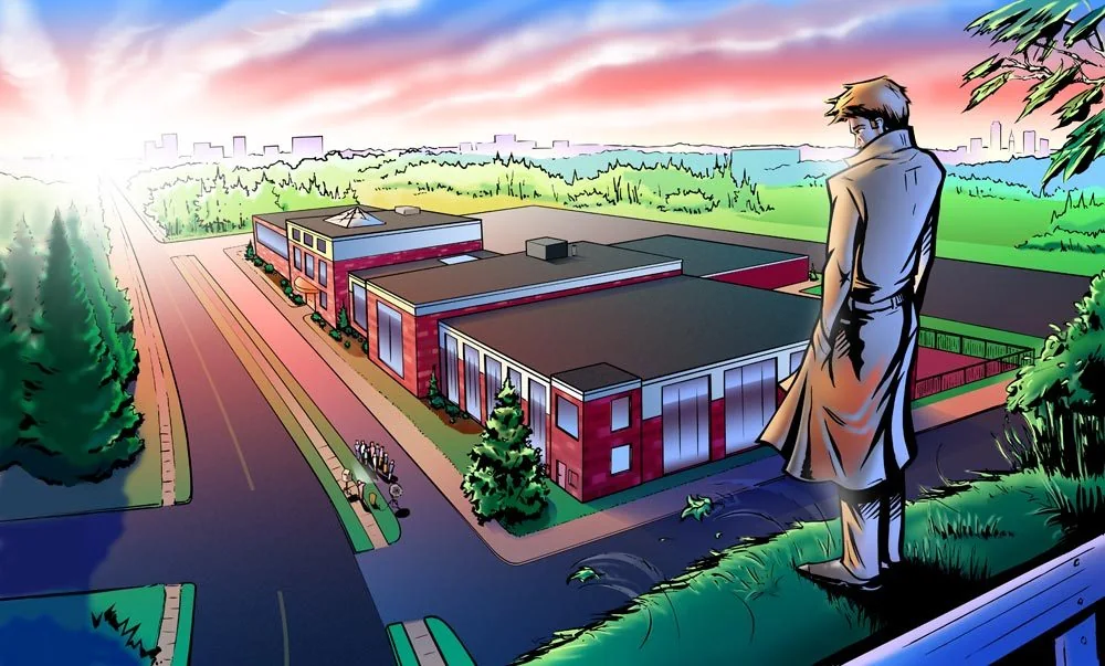 Figure in a trench coat overlooking a brick building at dawn