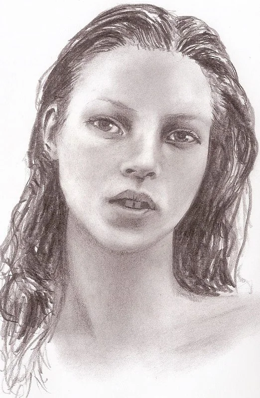 Graphite portrait of a woman with wet hair