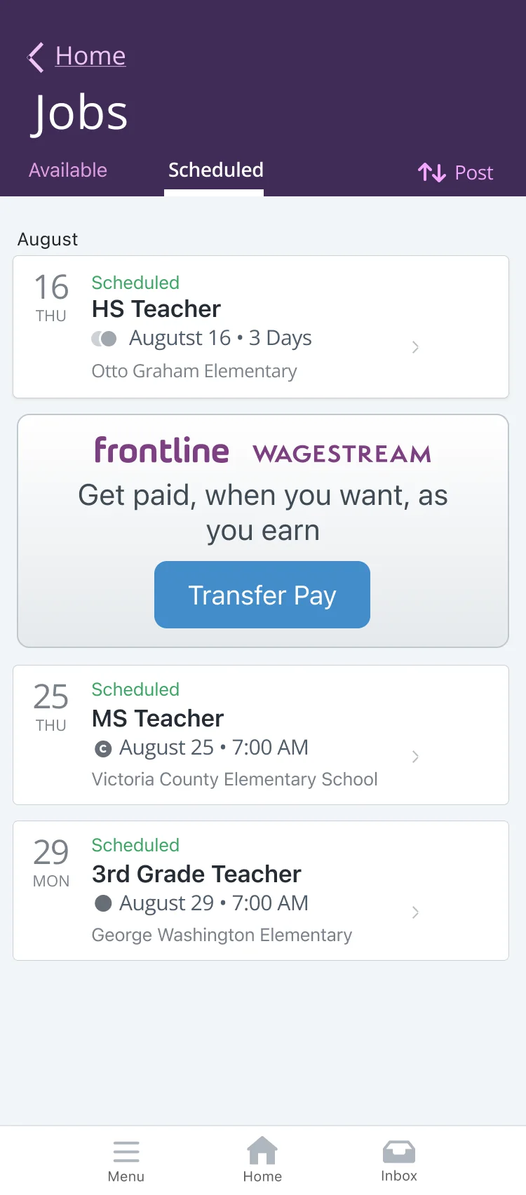 Frontline jobs list with a Get paid, when you want, as you earn banner and a Transfer Pay button