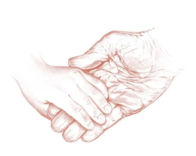 Red pencil drawing of two clasped hands
